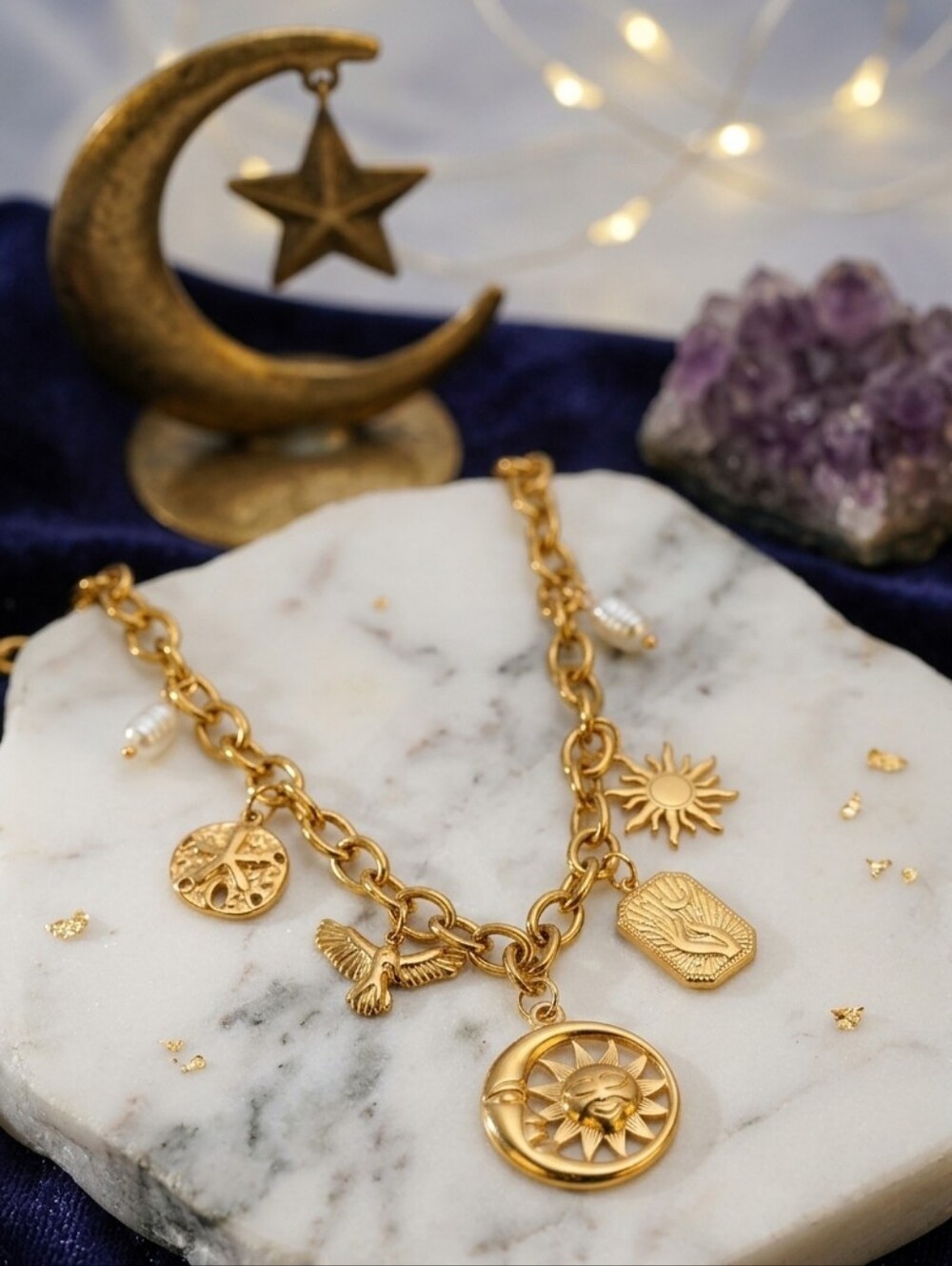 Gold Charm Sun Moon Eclipse Necklace Celestial Boho Chunky Chain Pearl 18.5"